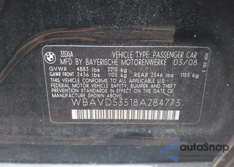 2008 BMW 335Xi z USA, uszkodzony, nr VIN WBAVD53518A284773